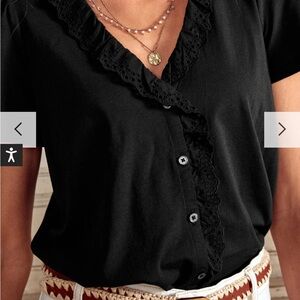 Boden Broderie V-Neck Top, Black, Size 8